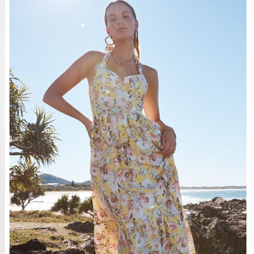 BARDOT (US 12) Labella Midi Tropical Cottagecore Colorful Dress Linen Blend New!